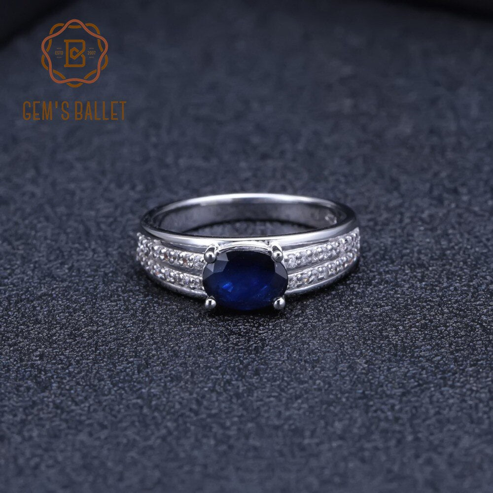 GEM&#39;S BALLET 1.66Ct Oval Natural Blue Sapphire Gemstone Ring 925 Sterling Silver Wedding Rings for Women Classic Fine Jewelry