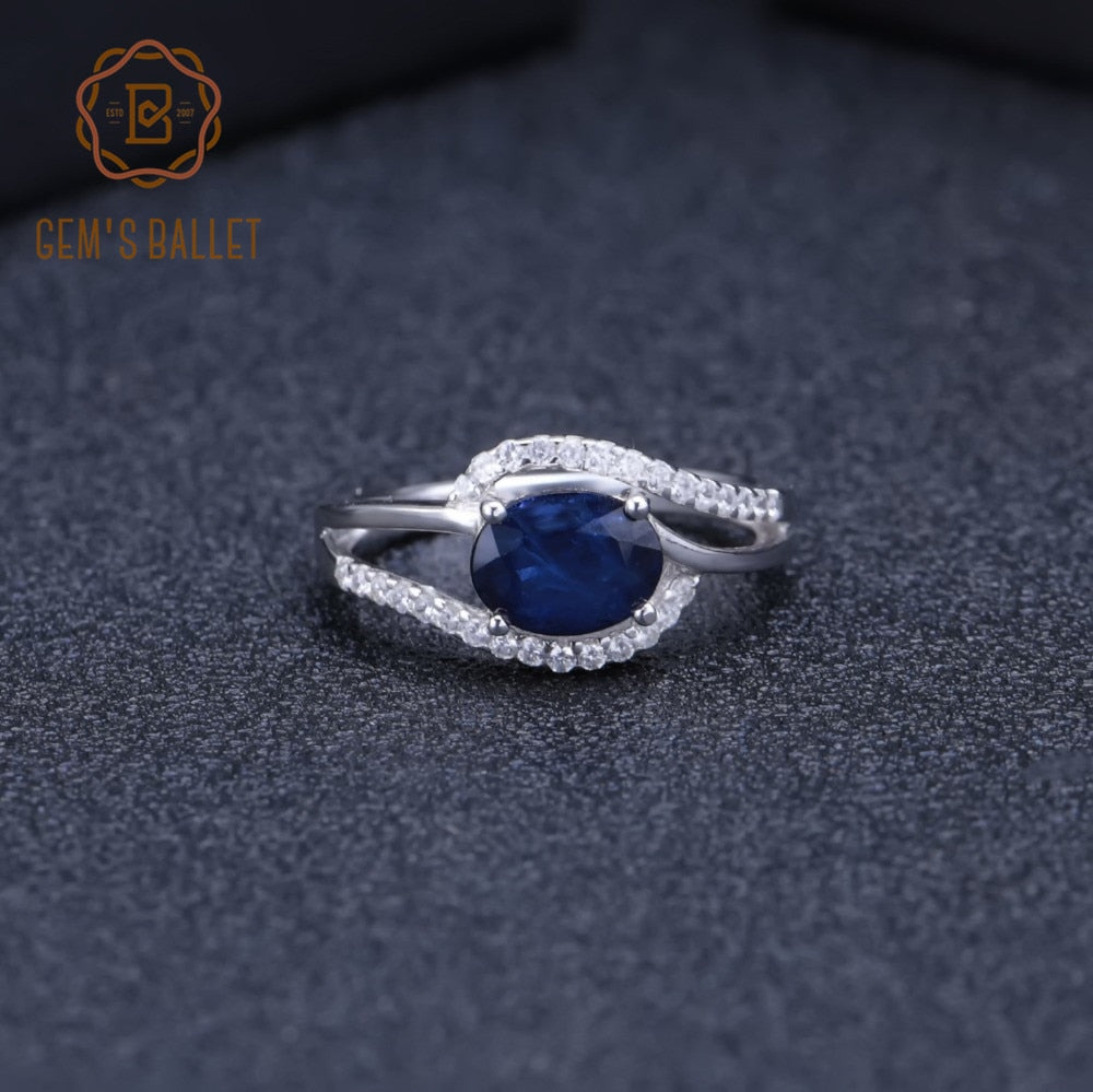 GEM&#39;S BALLET 100% 925 Sterling Silver Classic Fine Rings 1.66Ct Oval Natural Blue Sapphire Gemstone Ring for Women Jewelry