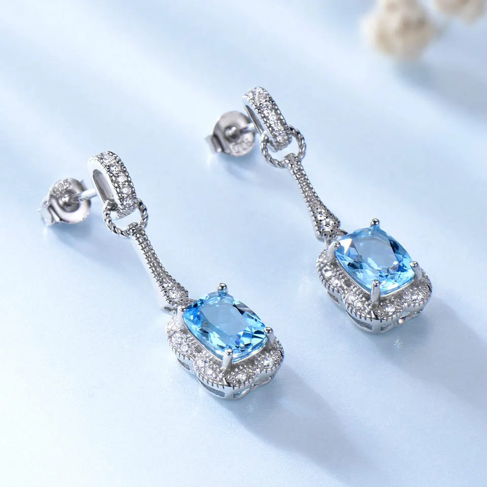 UMCHO 3.2CT Natural Blue Topaz Gemstone Earrings 925 Sterling Silver Earrings For Women Fine Jewelry Party Gift 2018 New Swiss Blue Topaz