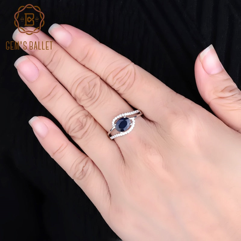 GEM&#39;S BALLET 100% 925 Sterling Silver Classic Fine Rings 1.66Ct Oval Natural Blue Sapphire Gemstone Ring for Women Jewelry