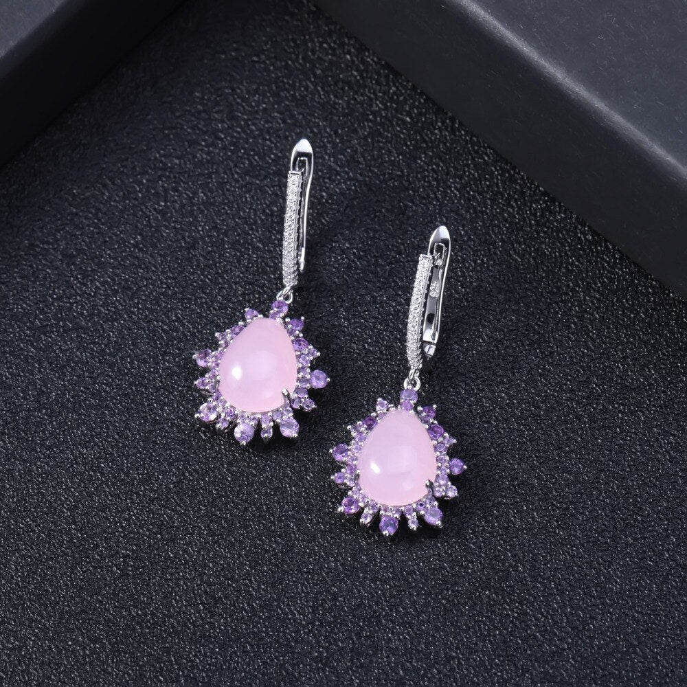GEM'S BALLET Natural Pink Calcedony Gemstone Earrings 925 Sterling Silver Vintage Drop Earrings for Women Wedding Fine Jewelry