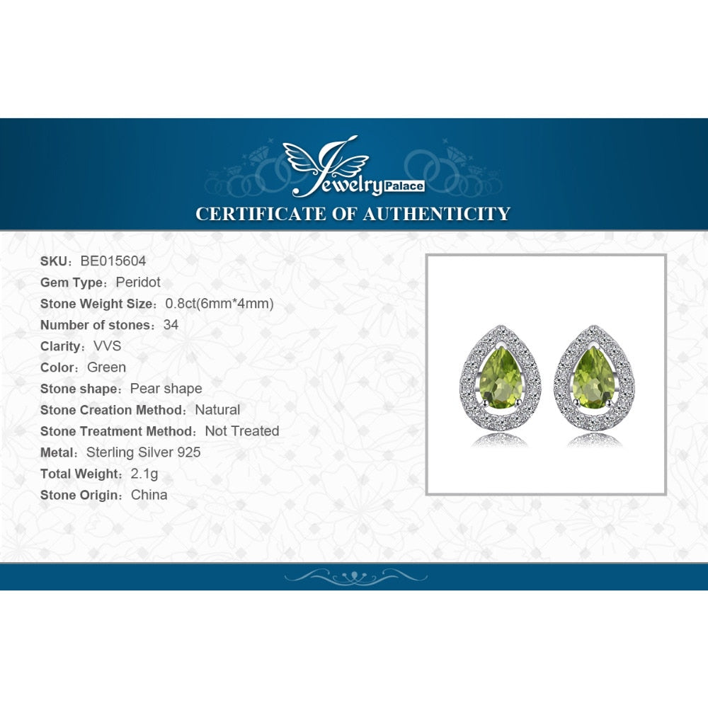 JewelryPalace Pear Natural Green Peridot 925 Sterling Silver Stud Earrings for Women Fashion Gemstone Jewelry Party Accessories
