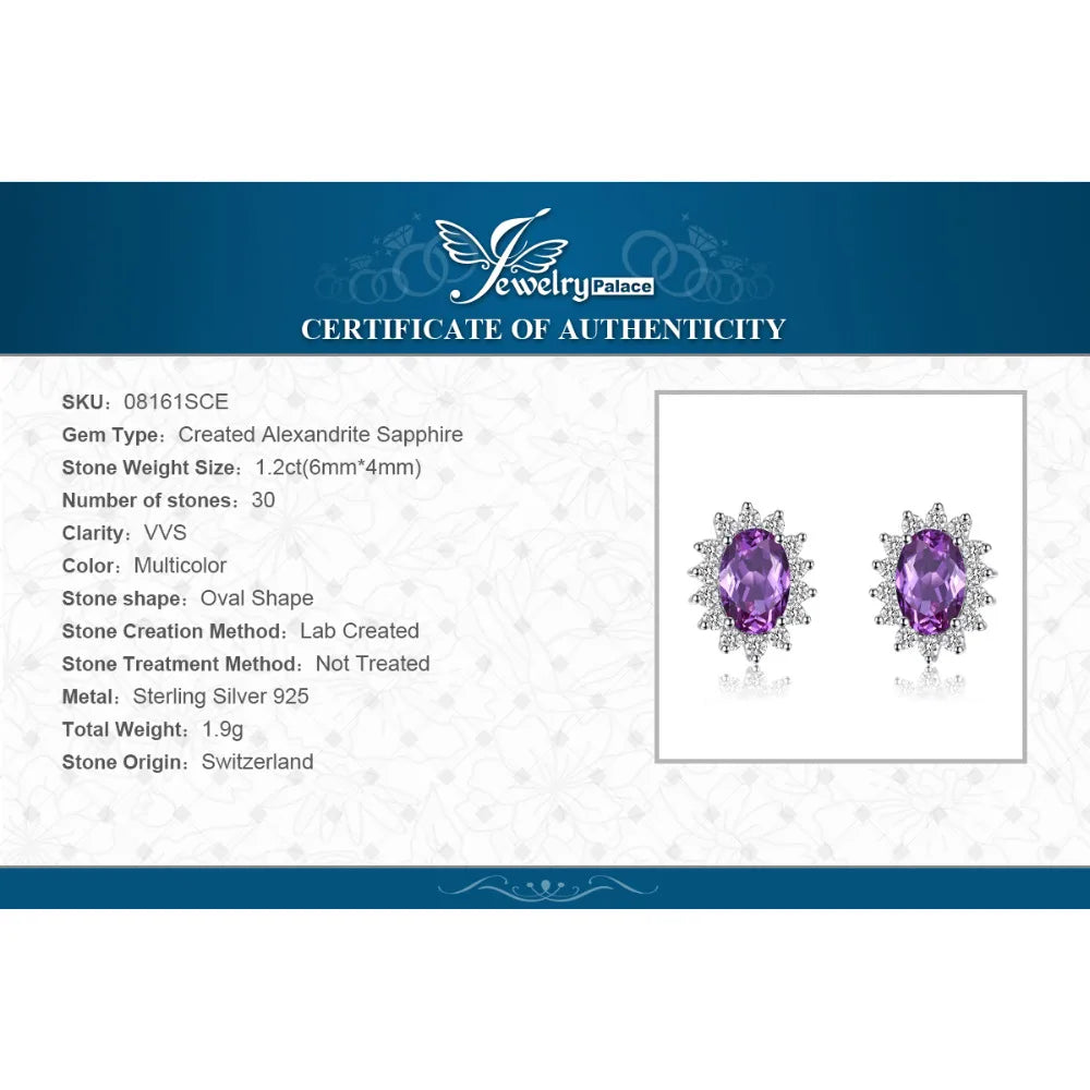 JewelryPalace 1.2ct Created Alexandrite 925 Sterling Silver Stud Earrings for Women Princess Diana Engagement Jewelry
