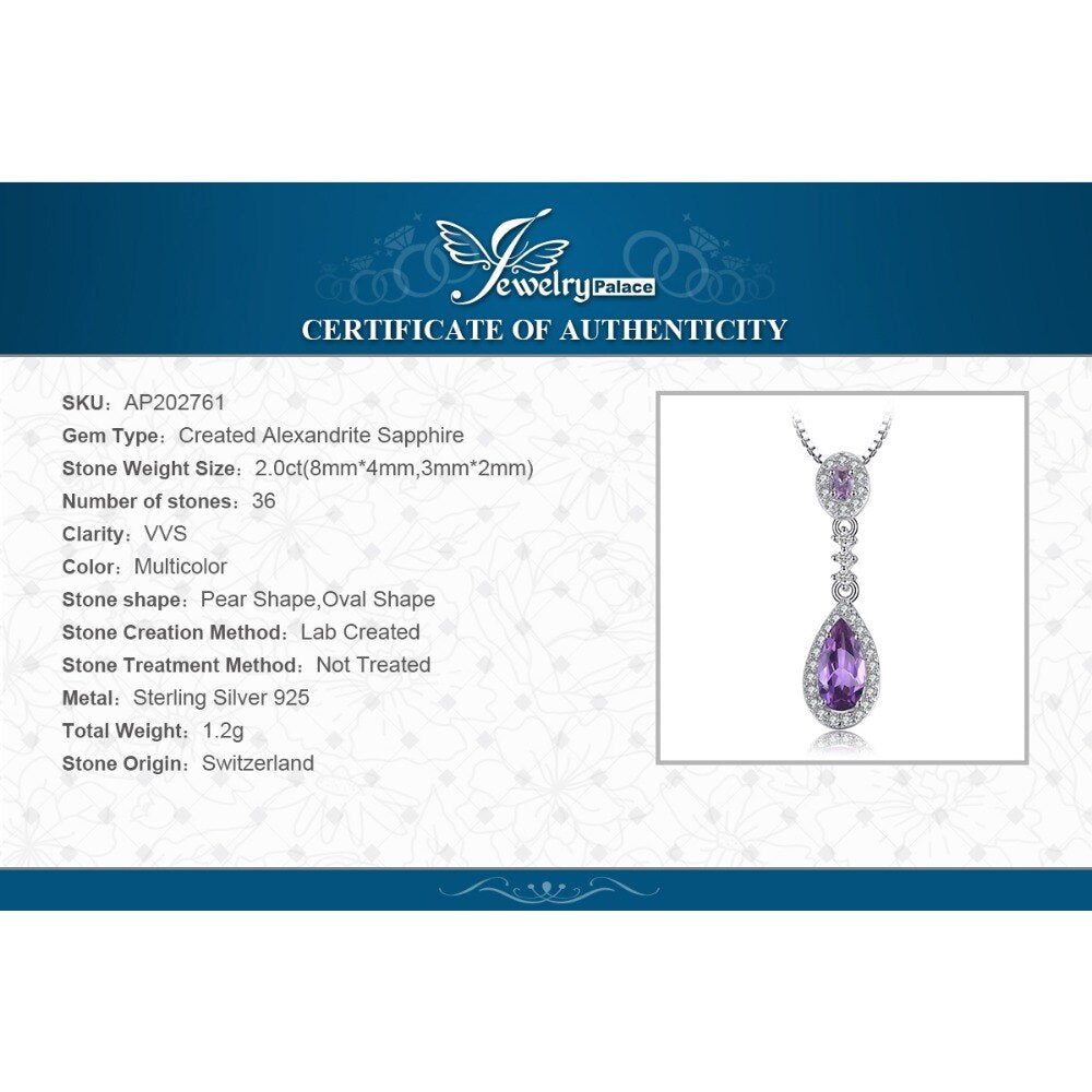 JewelryPalace 2ct Created Alexandrite Sapphire 925 Sterling Silver Fashion Drop Pendant Necklace for Woman Fine Jewelry No Chain