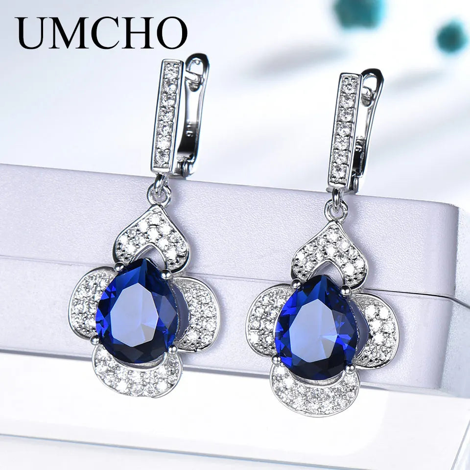 UMCHO Blue Sapphire Drop Earrings for Women Gemstone Genuine 925 Sterling Silver Fashionable Romantic Gift Engagement Jewelry