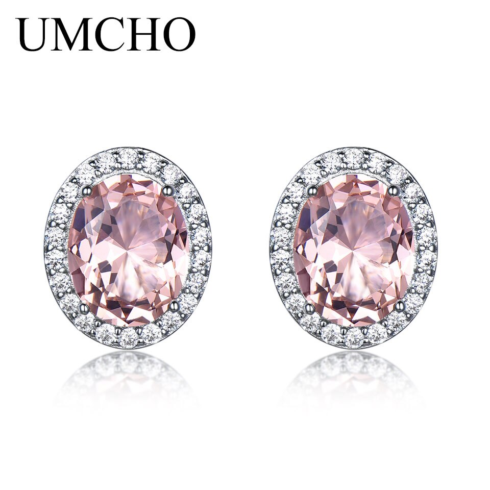 UMCHO Solid 925 Sterling Silver Stud Earrings For Women Rose Pink Sapphire Morganite Earrings Wedding Engagement Jewelry Gift Default Title
