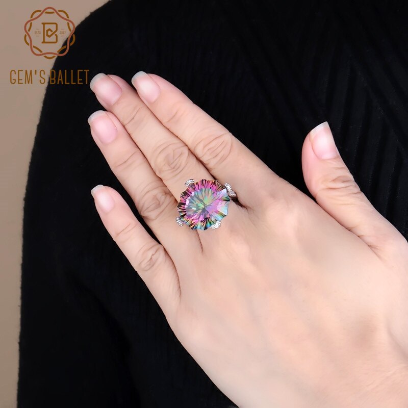 GEM'S BALLET Luxury Natural Rainbow Mystic Quartz Cocktail Ring 925 Sterling Silver Irregular Gemstone Rings Jewelry for Women