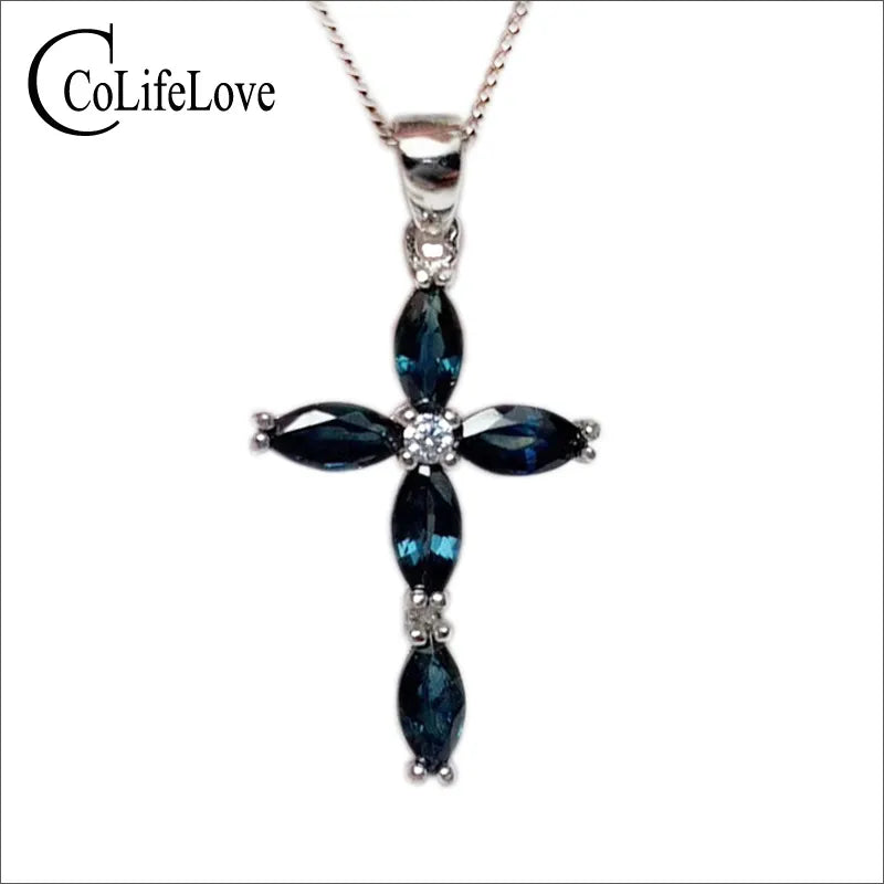 CoLife Jewelry 925 Silver Sapphire Cross Pendant 5PCS Natural Sapphire Silver Cross Pendant Solid 925 Silver Sapphire Jewelry Dark Blue