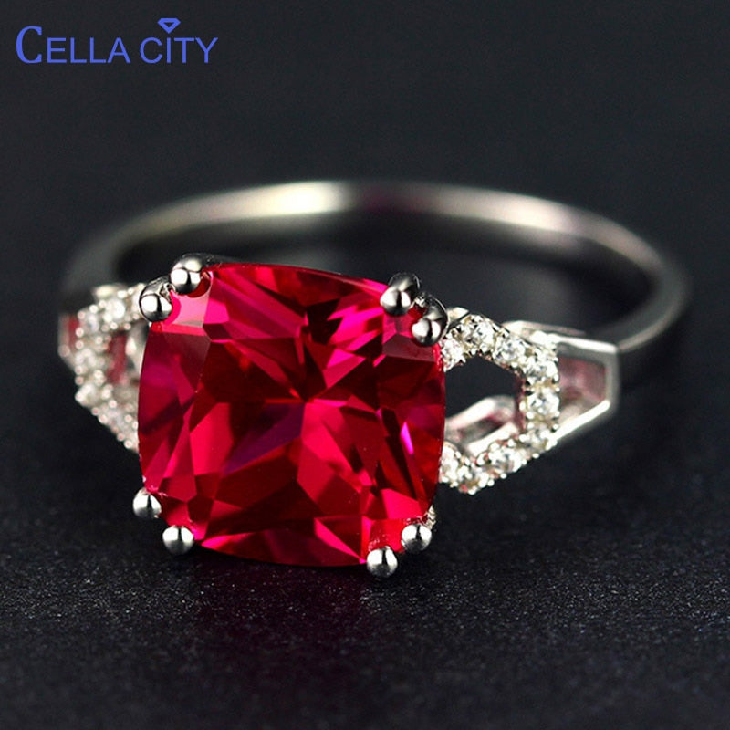Cellacity classic silver 925 ring with square ruby/emerald gemstone charm women silver Jewlery Engagement Lady Gift size 6-10