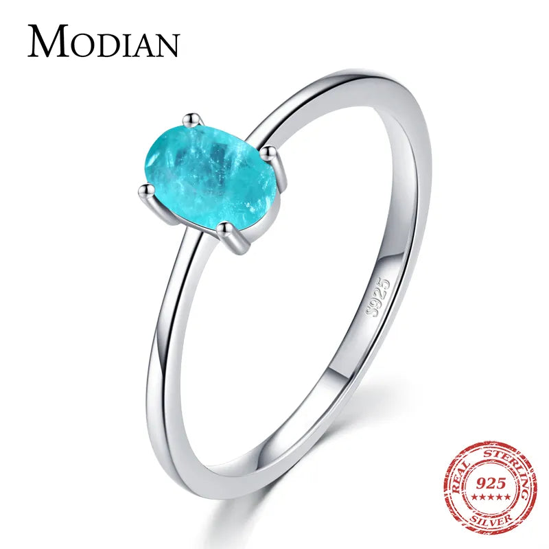 Modian 925 Sterling Silver Fashion Oval Finger Rings for Women Elegant Paraiba Tourmaline Engagement Wedding Statement Jewelry
