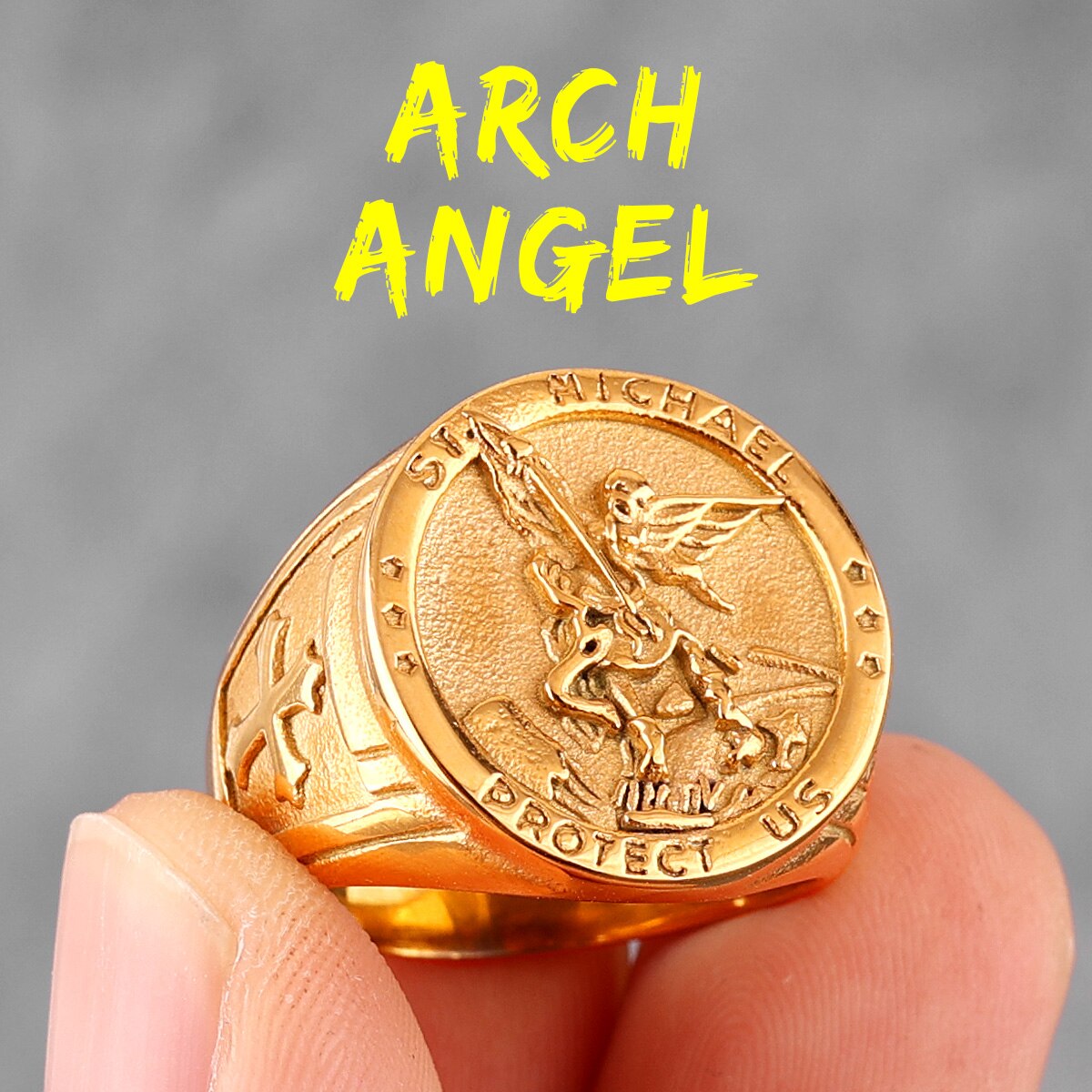 Archangel Saint Michael Exorcism Stainless Steel Mens Rings Punk Amulet for Male Boyfriend Jewelry Creativity Gift R704-Gold A