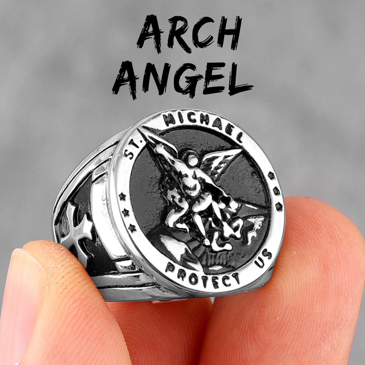 Archangel Saint Michael Exorcism Stainless Steel Mens Rings Punk Amulet for Male Boyfriend Jewelry Creativity Gift R704-Silver B