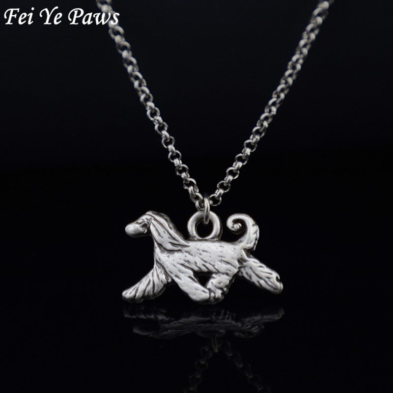 Fei Ye Paws Retro Style 3D Vintage Silver Color Afghan Hound Pendant Necklace Long Chain Dog Charm Necklace Women Men Jewelry