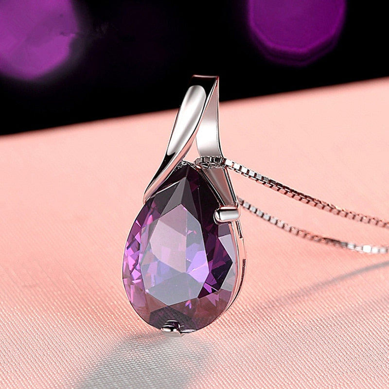Buyee 925 Sterling Silver Big Stone Pendant Chain Light Natural Amethyst Necklace for Woman Girl Excellent Jewelry Chain 45cm