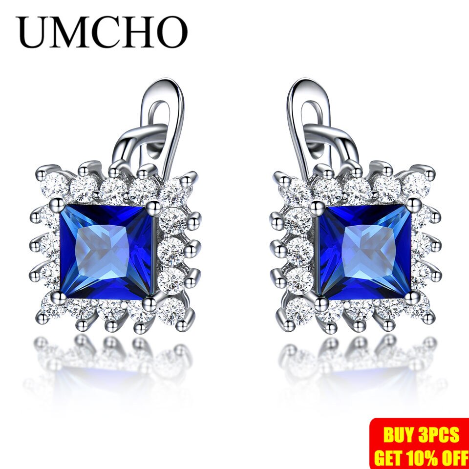 UMCHO Simulated Blue Sapphire Clip Earrings for Women Solid 925 Sterling Silver Jewelry Wedding September Birthstone Earrings