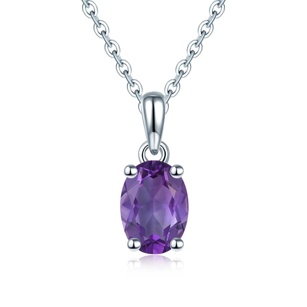 Hutang Amethyst Solid 925 Sterling Silver Pendant Real Oval 8x6mm Purple Gemstone 925 Silver Chain Fine Fashion Simple Jewelry Amethyst