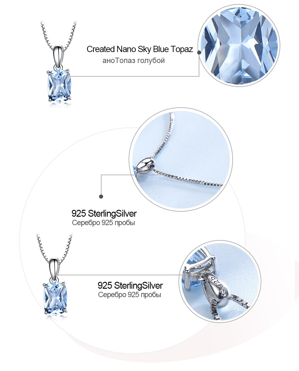 UMCHO 925 Sterling Silver Women&#39;s Necklace Pendant Rectangle Sky Blue Topaz Engagement Wedding Pendant Strap Chain