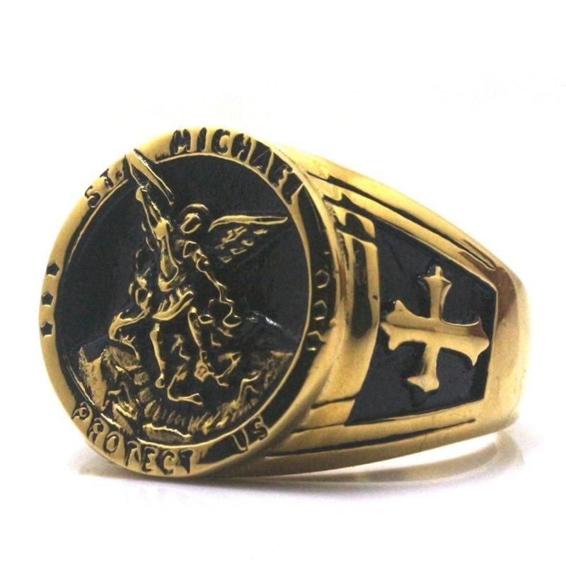 Vintage Catholic Angel Michael Ring for Men Women Gold Color Knight Saint Michael Protect Us Ring Jewelry Gift