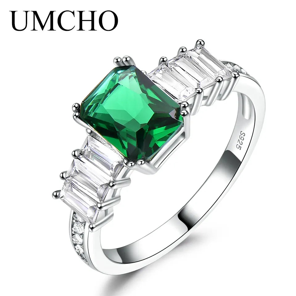 UMCHO Rectangle Gemstone 925 Sterling Silver Rings Romantic Gift For Women Girls Fine Jewelry Bridal Wedding Engagement Rings Emerald