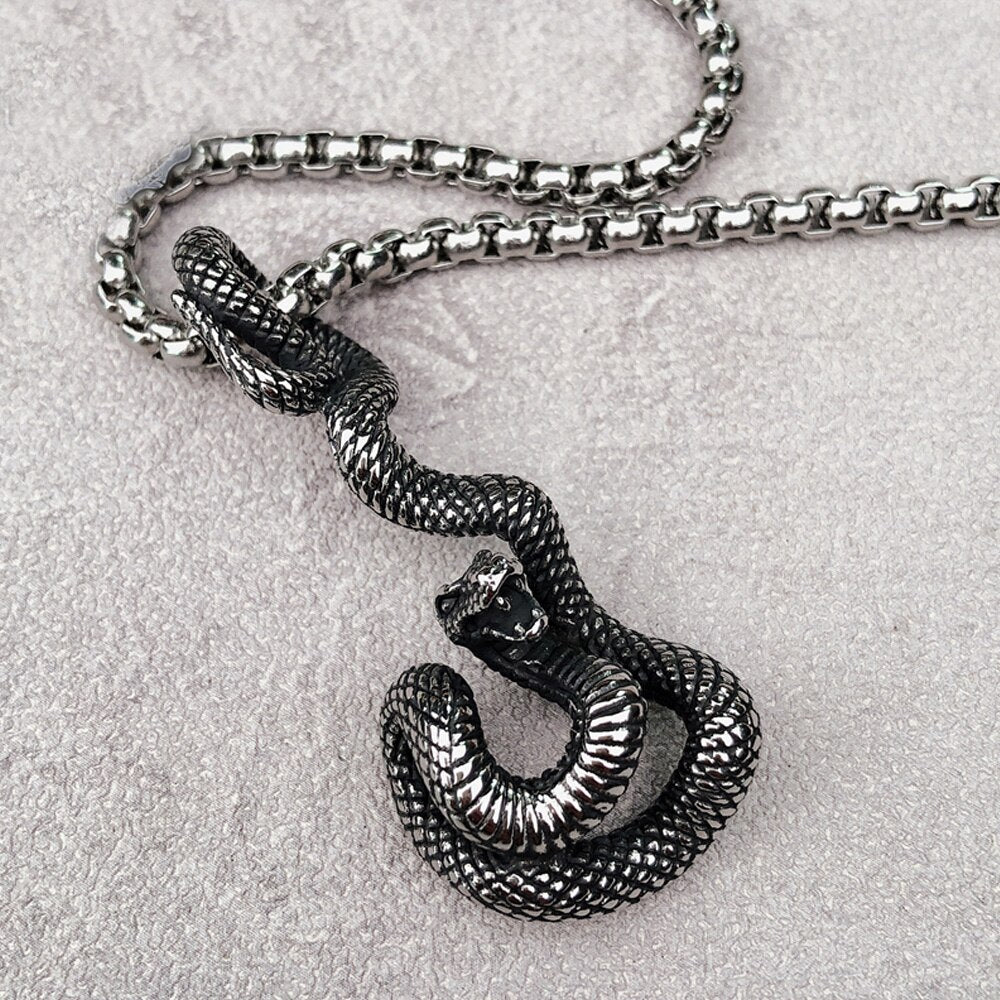Vintage Stainless Steel Snake Pendant Necklace Men Women Personality Fashion Punk Hip Hop Python Snake Necklace Jewelry