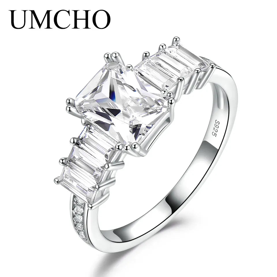 UMCHO Rectangle Gemstone 925 Sterling Silver Rings Romantic Gift For Women Girls Fine Jewelry Bridal Wedding Engagement Rings Cubic Zircon