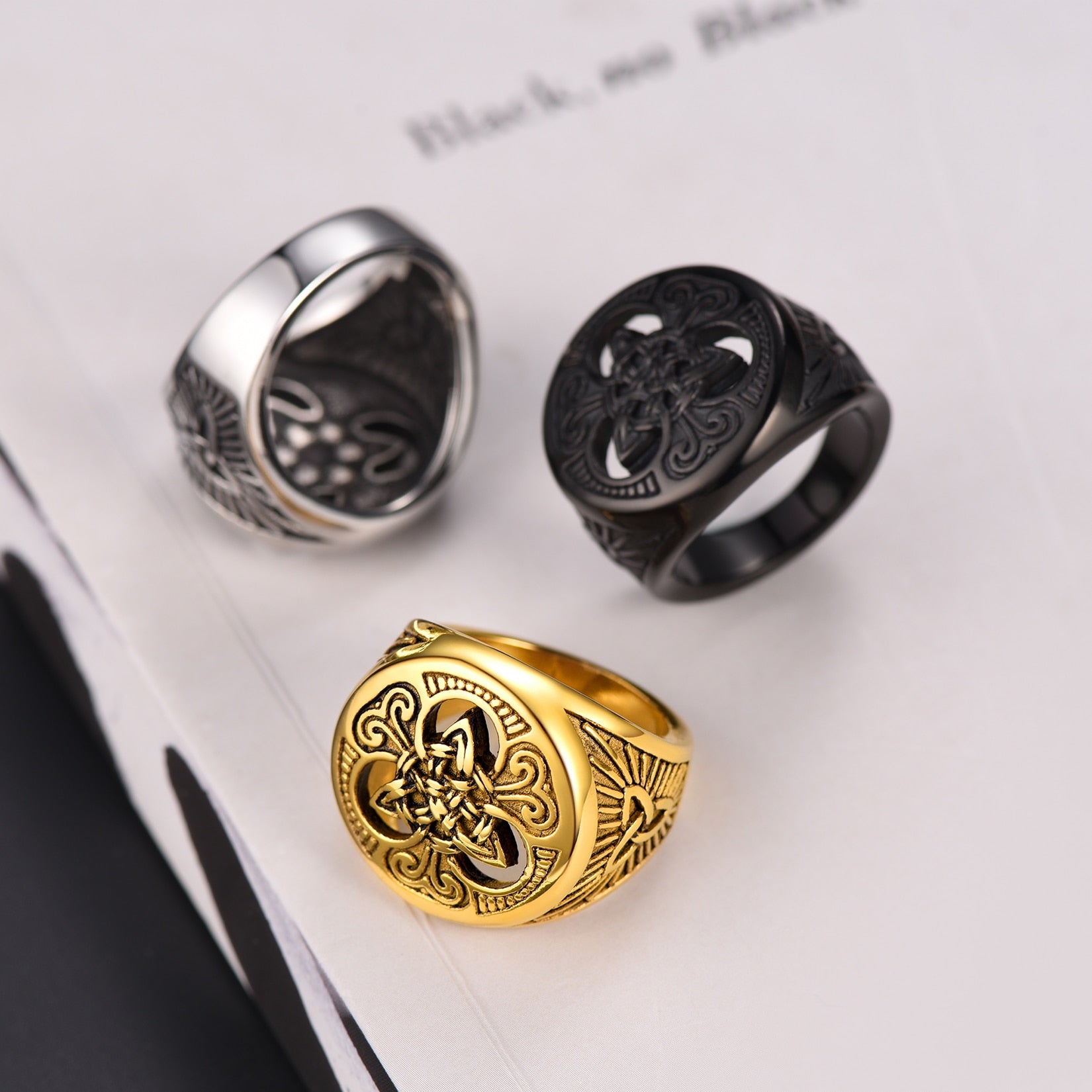 U7 Irish Celtic Knot Ring Antique Black Stainless Steel Triquetra Signet for Men Hip Hop Jewelry Size 7 to 12 R202