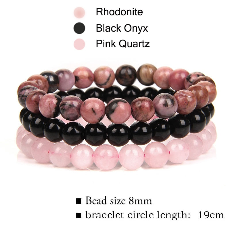 Women Men Bracelets Natural Stone Beads Bracelet Black Onyx Rhodonite Pink Quartzs Beaded Wrist Stackable Mens Bracelets Jewelry Set No.1