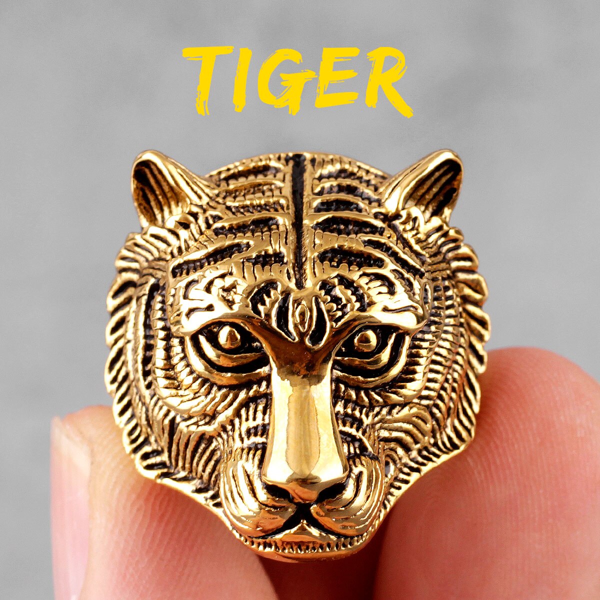 Domineering Tiger Animal Stainless Steel Mens Rings Punk Hip Hop for Male Boyfriend Biker Jewelry Creativity Gift R525-Gold