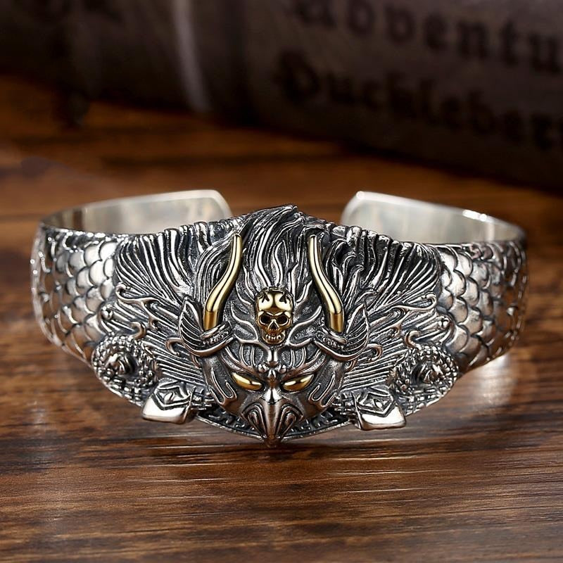 Punk Heavy Metal Carved Dragon Bracelet Charm Men's Wide Bracelet Gothic Motorcycle Rider Rock Party Jewelry Gift AL4051-Silver