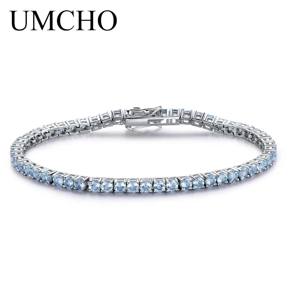 UMCHO 8.1ct Luxury Emerald Bracelets for Women 925 Sterling Silver Bracelet Birthstone Romantic Wedding Green Gemstone Jewelry Sky Blur Topaz 18cm