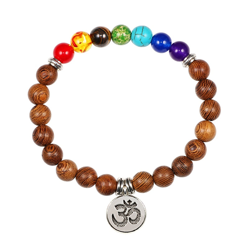Natural Stone Tiger Eye 7 Chakra Bracelets & Bangles Yoga Balance Beads Buddha Prayer Elastic Bracelet Men pulseira masculina Wooden Pendant