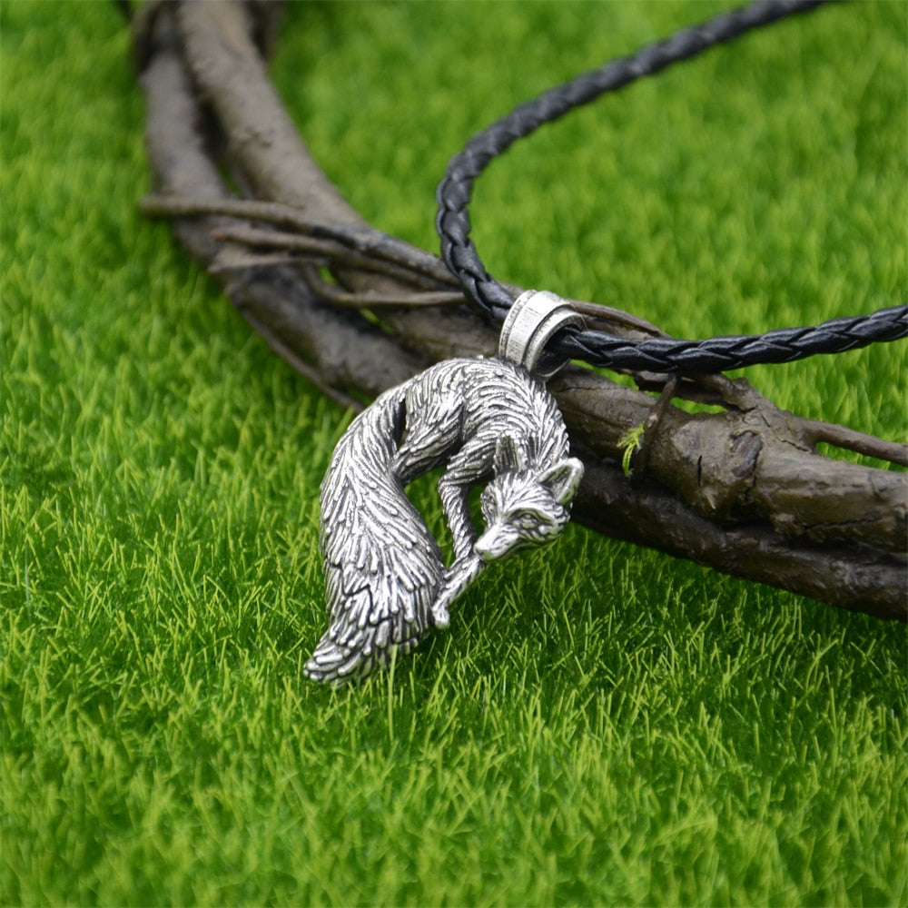 Slavic Fox Pendant Animal Viking Jewelry Necklace Men Accessories Goth Jewlery Leather Chain SIlver