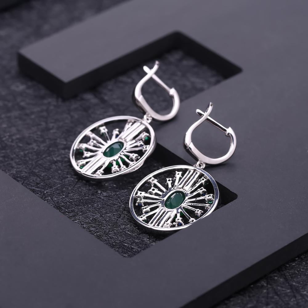 GEM&#39;S BALLET 925 Sterling Silver Round Earrings Pendant Sets For Women 3.88Ct Natural Green Agate Vintage Jewelry Set