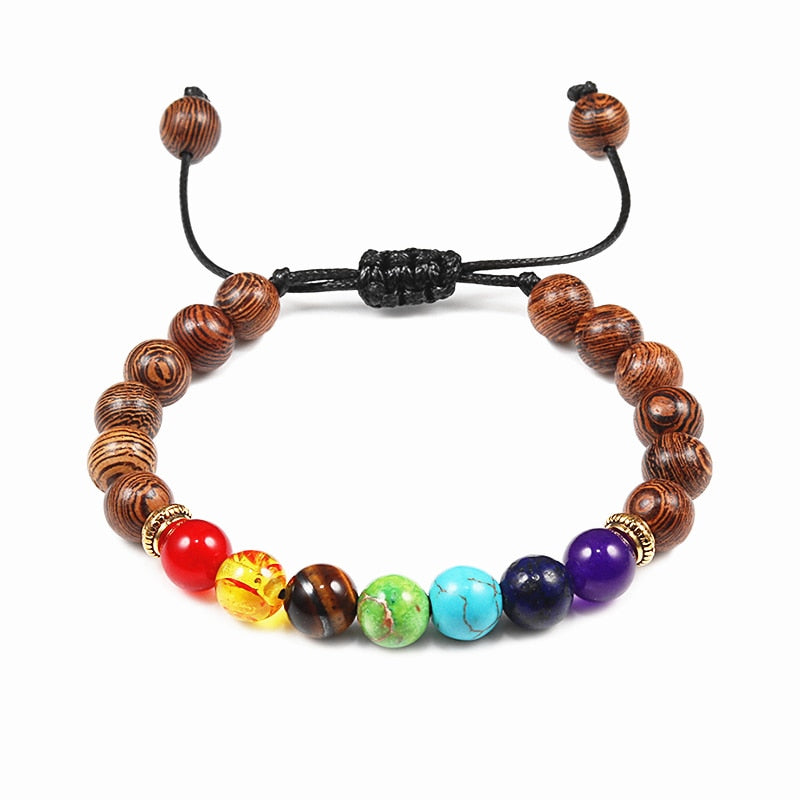 Natural Stone Tiger Eye 7 Chakra Bracelets & Bangles Yoga Balance Beads Buddha Prayer Elastic Bracelet Men pulseira masculina Wooden Beads A