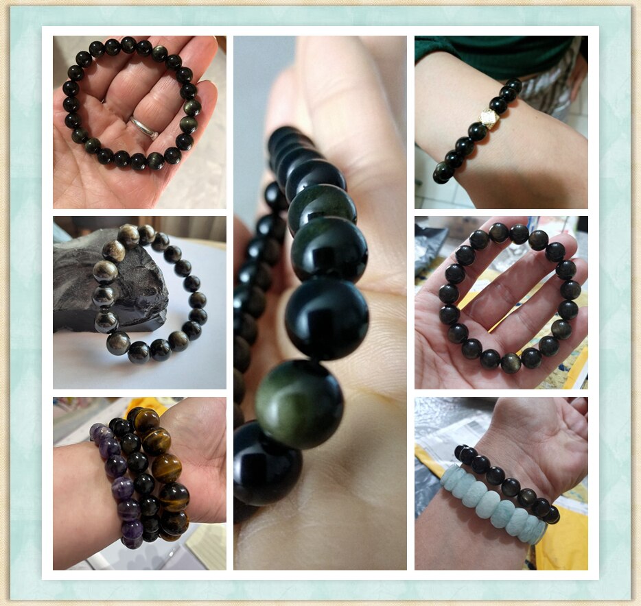 Black Gold Color Obsidian Beaded Stretch Bracelets 6-12mm Natural Stone Beads Bracelet Bangles Women Men Charm Energy Jewelry