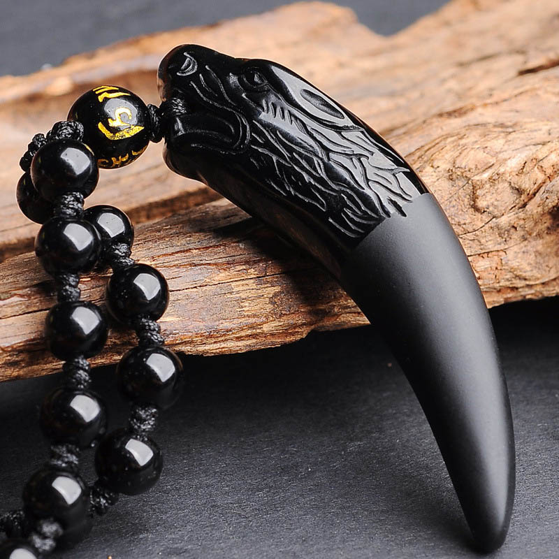 Nature Obsidian Wolf Tooth Pendant Necklaces Lucky Beaded Rope Couple Necklaces Black and Ice Obsidian Amulets Necklaces Jewelry Frosted obsidian