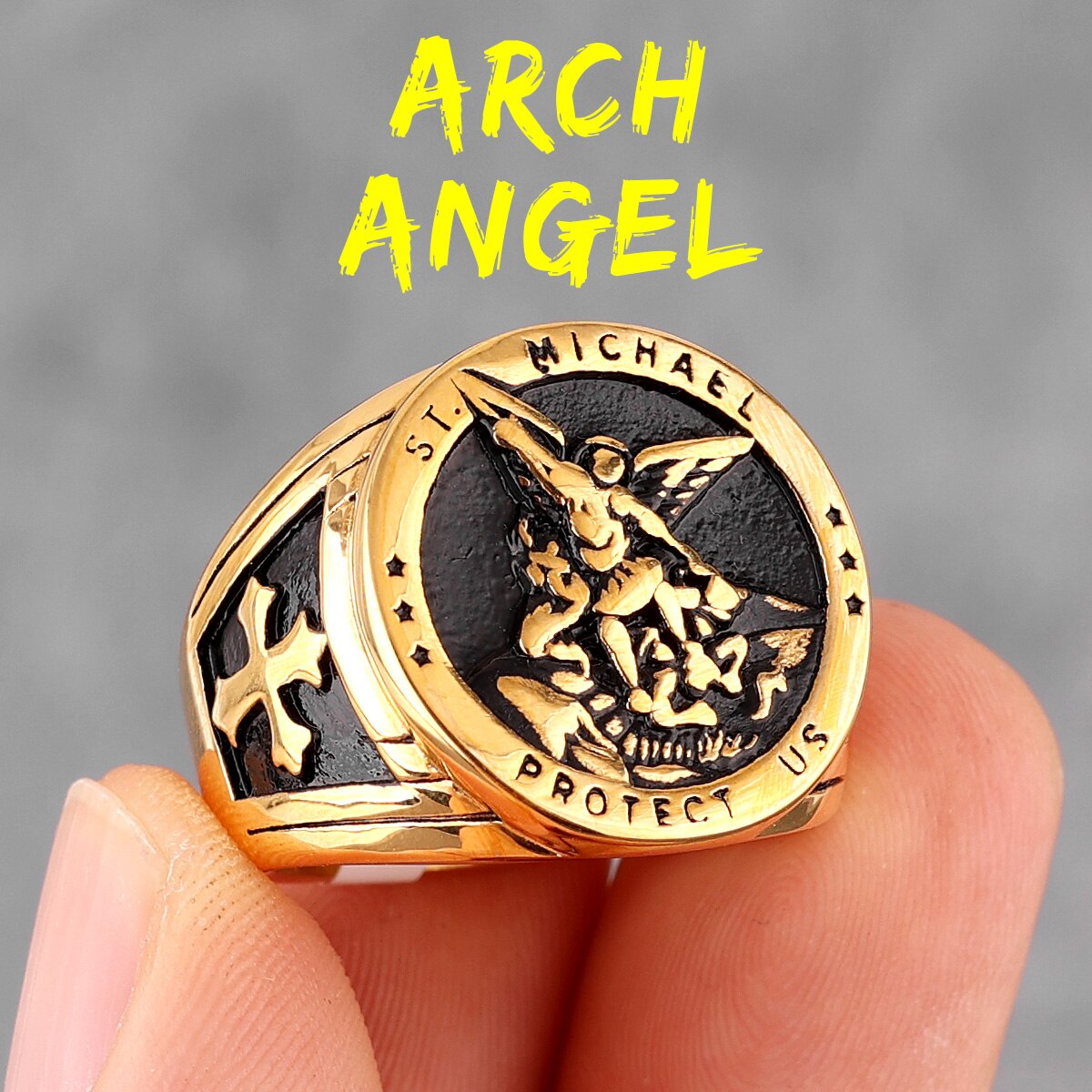 Archangel Saint Michael Exorcism Stainless Steel Mens Rings Punk Amulet for Male Boyfriend Jewelry Creativity Gift R704-Gold B