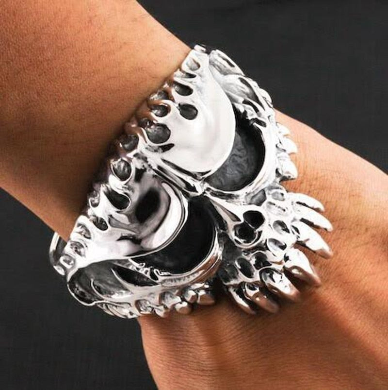 Punk Heavy Metal Carved Dragon Bracelet Charm Men's Wide Bracelet Gothic Motorcycle Rider Rock Party Jewelry Gift A6565-11-Silver