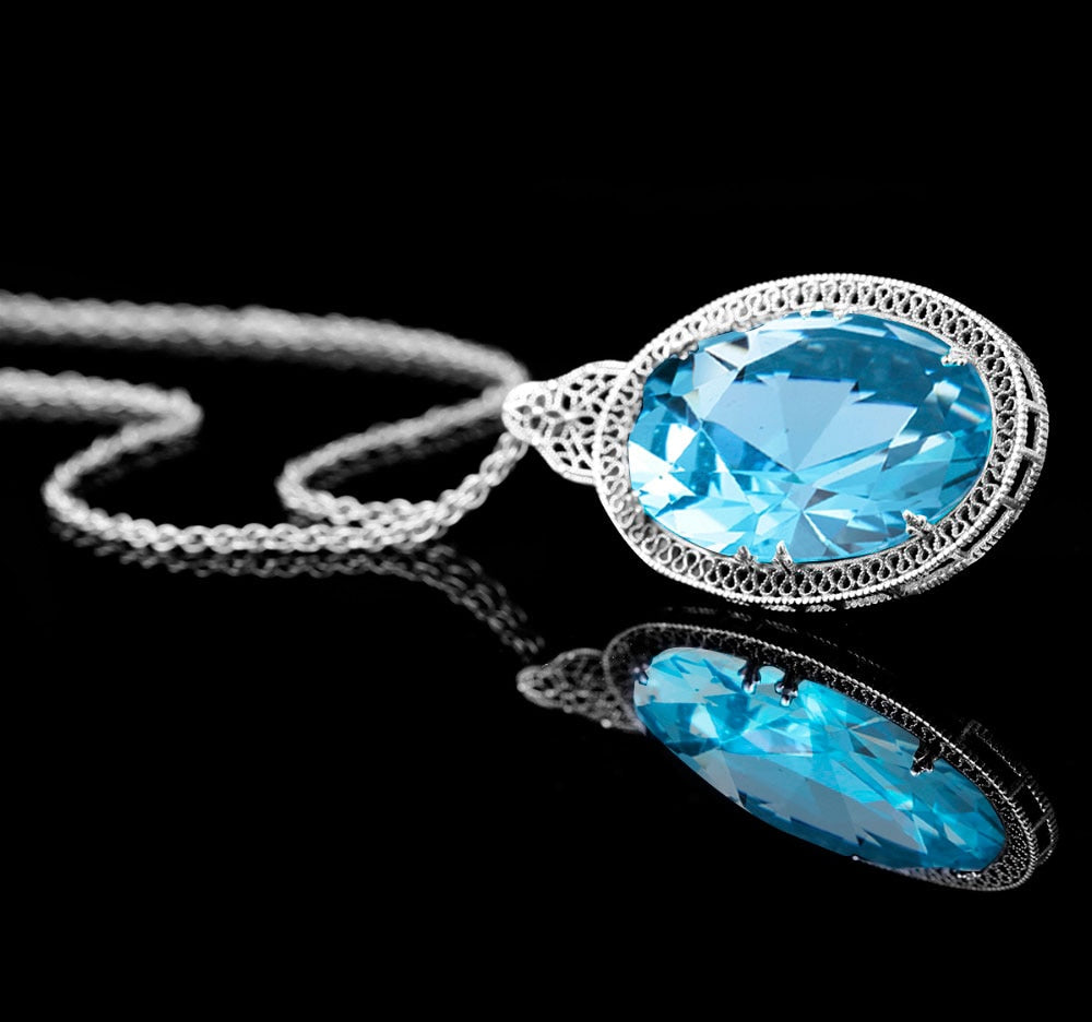 925 Sterling Silver Pendants For Women Vintage Oval Aquamarine Gemstone Pendant Necklace Gothic Style Fine Jewelry New Aquamarine