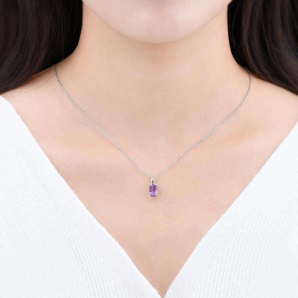 Hutang Amethyst Solid 925 Sterling Silver Pendant Real Oval 8x6mm Purple Gemstone 925 Silver Chain Fine Fashion Simple Jewelry