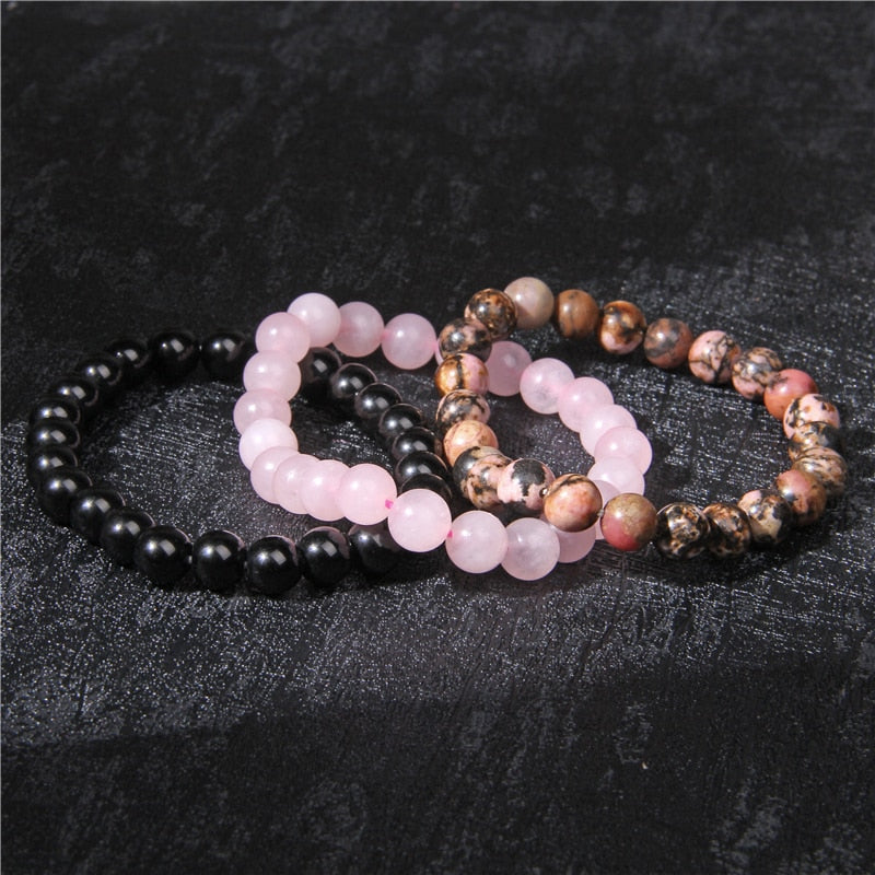 Women Men Bracelets Natural Stone Beads Bracelet Black Onyx Rhodonite Pink Quartzs Beaded Wrist Stackable Mens Bracelets Jewelry