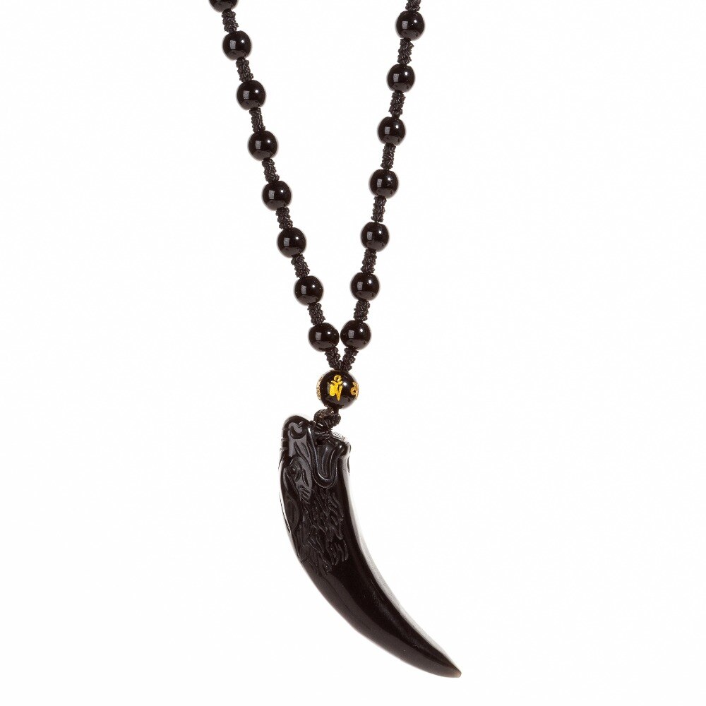 Nature Obsidian Wolf Tooth Pendant Necklaces Lucky Beaded Rope Couple Necklaces Black and Ice Obsidian Amulets Necklaces Jewelry