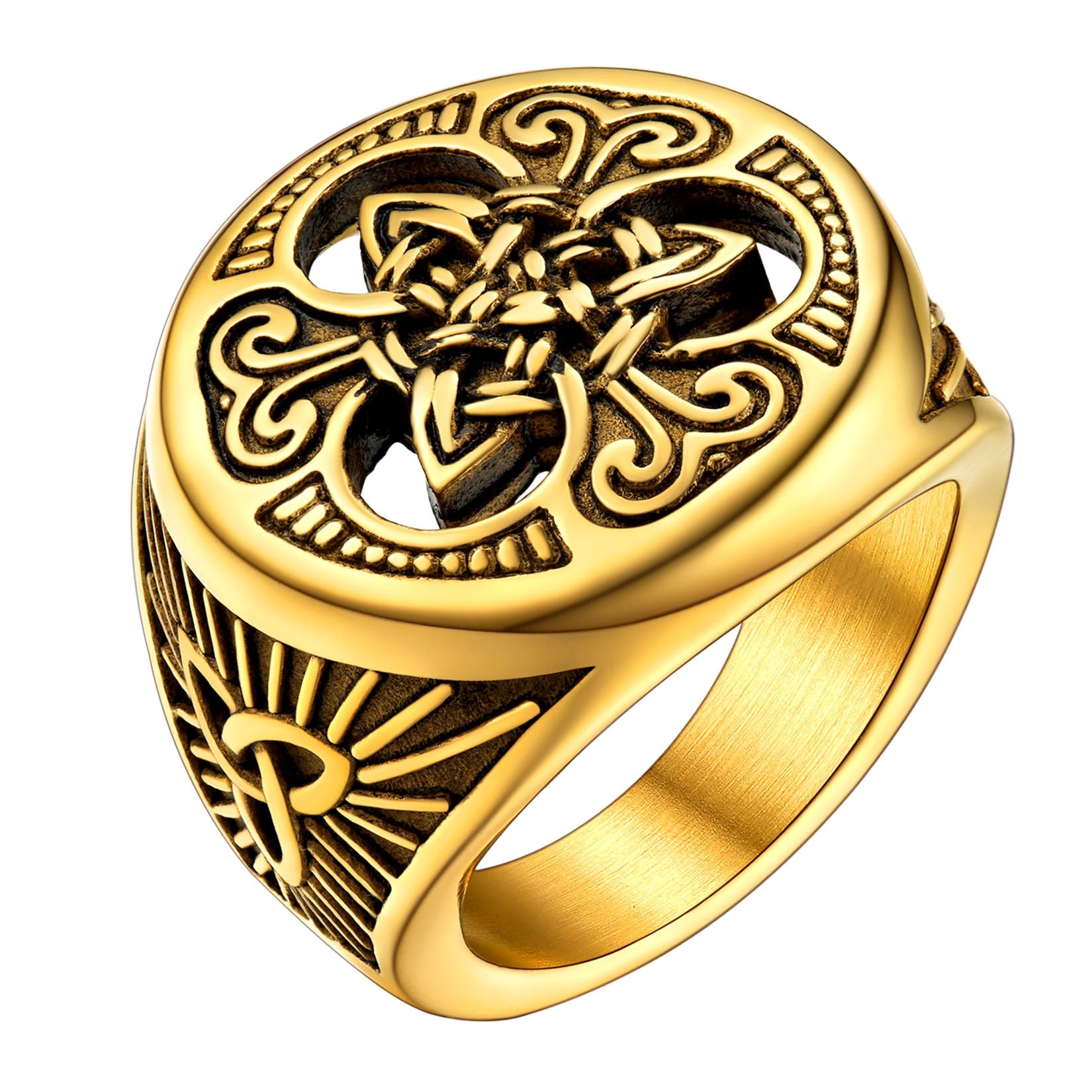 U7 Irish Celtic Knot Ring Antique Black Stainless Steel Triquetra Signet for Men Hip Hop Jewelry Size 7 to 12 R202 Black