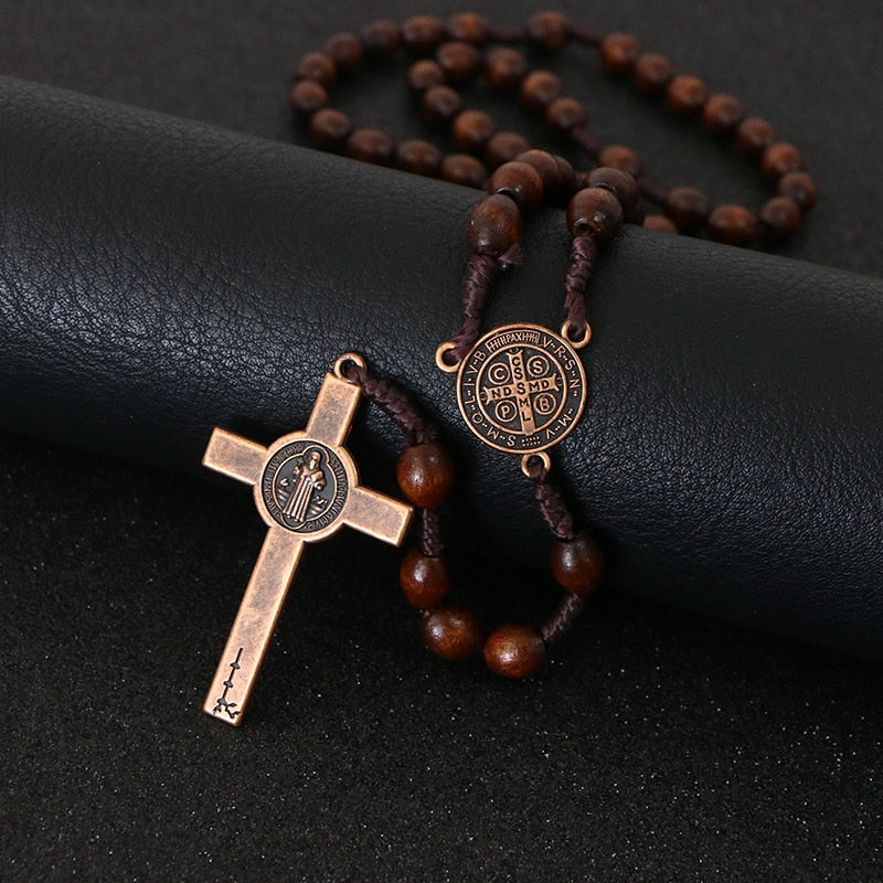 KOMi Christ Jesus Wooden Beads 8mm Rosary Bead Cross Pendant Woven Rope Chain Necklace Religious Orthodox Praying Jewelry R-192