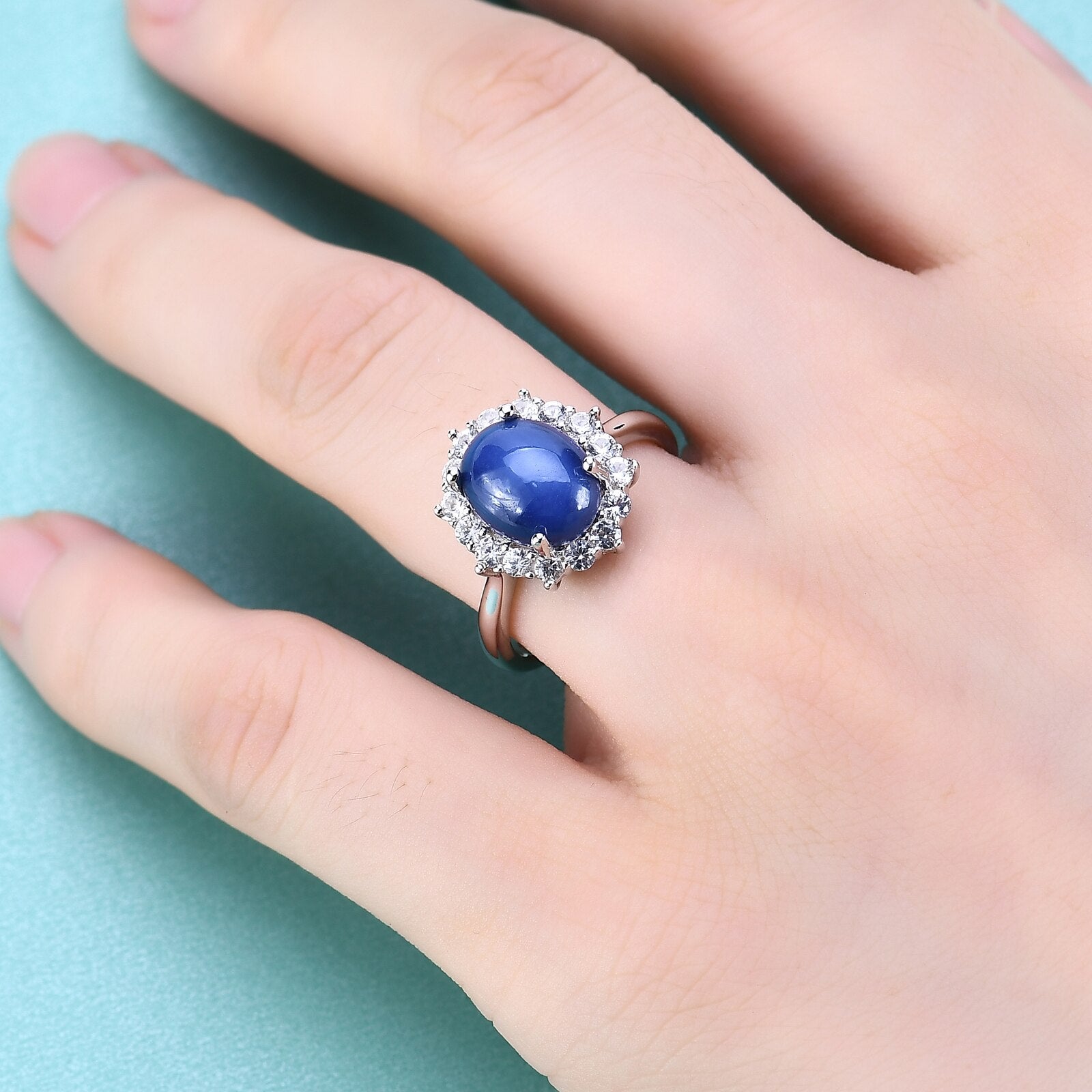 GEM&#39;S BALLET Gemstone Cocktail Ring Lab Blue Lindy Star Sapphire Halo Engagement Rings in 925 Sterling Silver Gift For Her