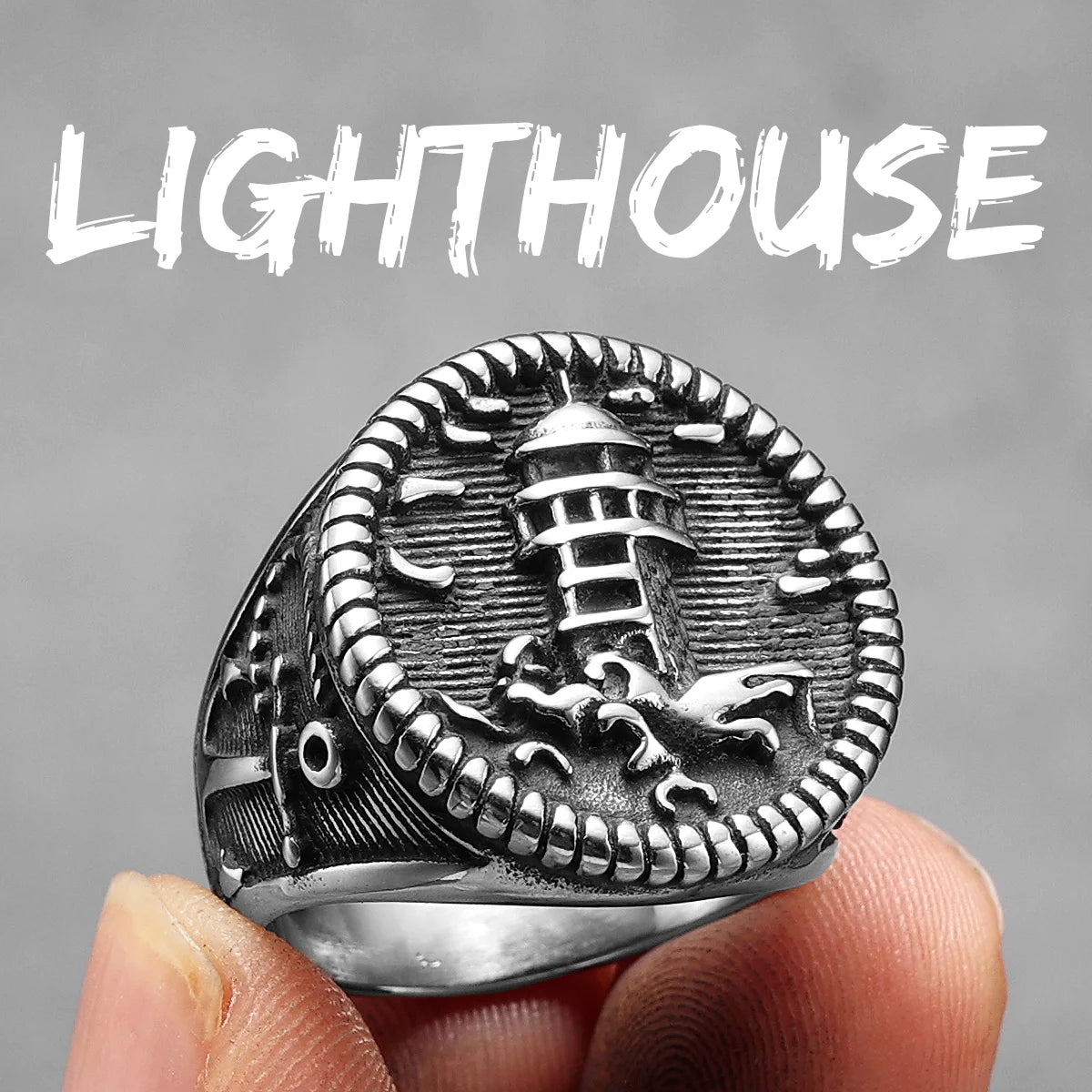 Anchor Lighthouse Ocean Sailor Ship Men Rings Stainless Steel Women Jewelry Vintage Punk Rock Fashion Accessories Gift R1197-Lighthouse