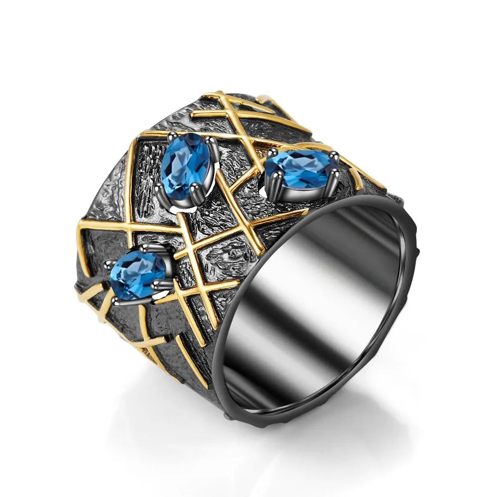 GEM'S BEAUTY Branches Black Plated Ring For Women Handmade Original Creative Fine Jewelry 925 Sterling Silver London Blue Topaz