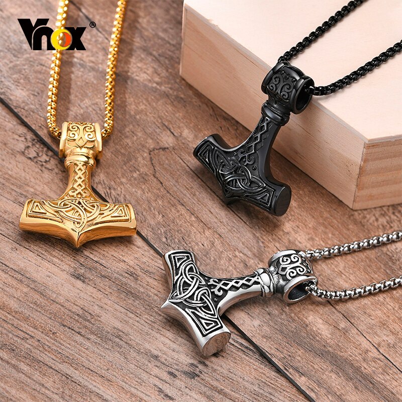 Vnox Vintage Men Norse Viking Necklaces,Rock Punk Retro Thor Mjolnir Hammer Pendant,Scandinavian Nodic Amulet Rune Neck Jewelry
