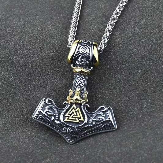 Nordic Crown Rune Thor's Hammer Pendant Odin Celtic Valknut Thor's Necklace Men\ 19457-Gold s Amulet Jewelry 19457-Gold