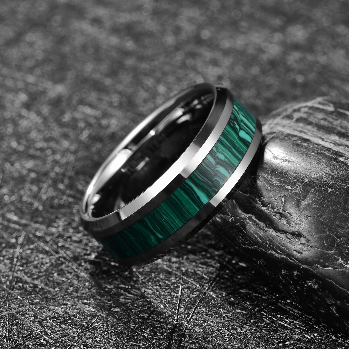 BONLAVIE Inlaid Artificial Stone Dark Green Striped Tungsten Steel Ring Fashion Engagement Rings for Men Gift Size 7-12